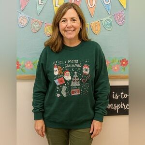 NWT Festive Green Christmas sweatshirt Size L w/Fun traditional items on front.